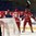 SPISSKA NOVA VES, SLOVAKIA - APRIL 21: Sergei Sapego #21 of Belarus celebrates with Vladislav Gabrus #24 after scoring a second period goal against Latvia during relegation round action at the 2017 IIHF Ice Hockey U18 World Championship. (Photo by Andrea Cardin/HHOF-IIHF Images)


